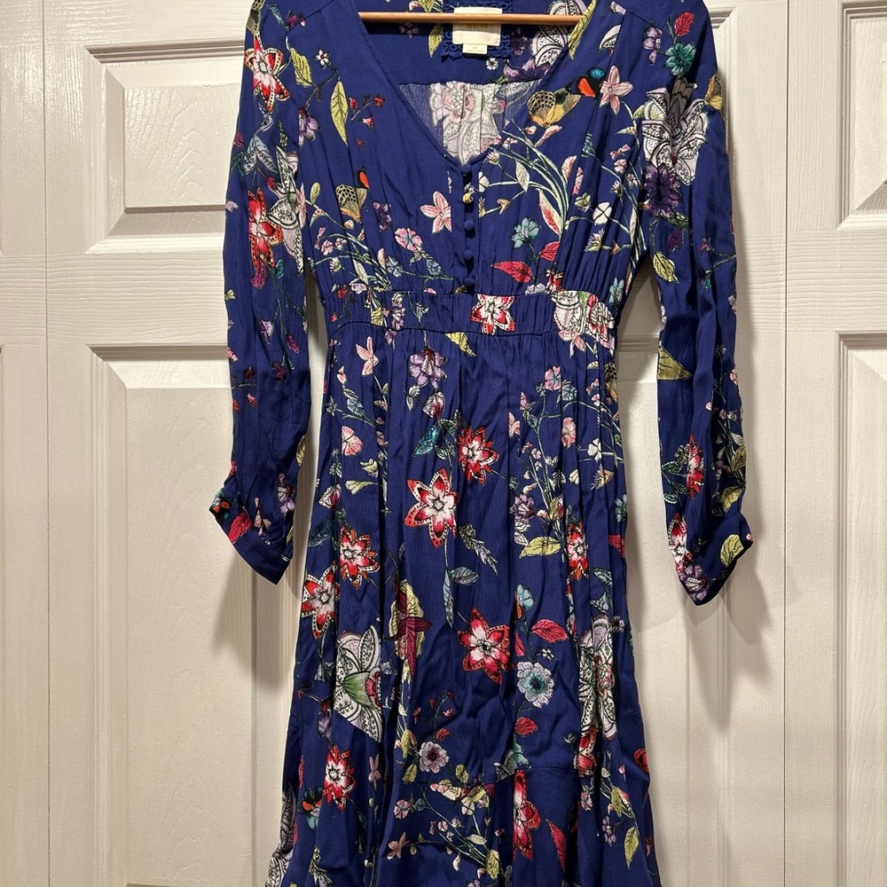 Anthropologie Maeve Jessamine V-Neck Bishop-Sleeve Midi Flounce Dress